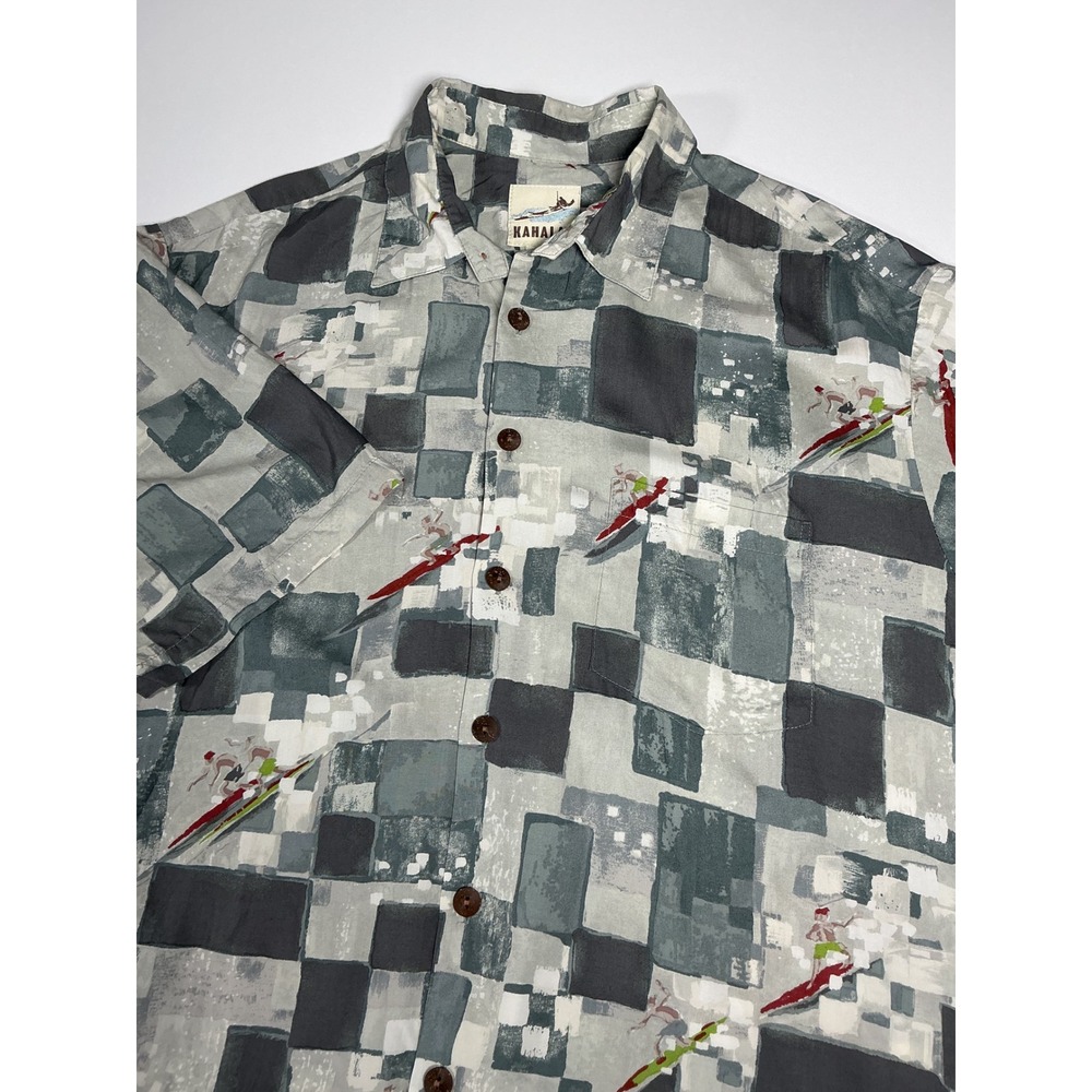 Kahala Hajime Geometric Surfer Shirt Gray Abstract Rayon Blend Size XL